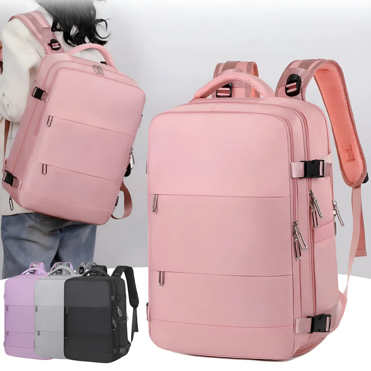 Large purple travel backpack for women showing multiple compartments and an air pillow belt system.