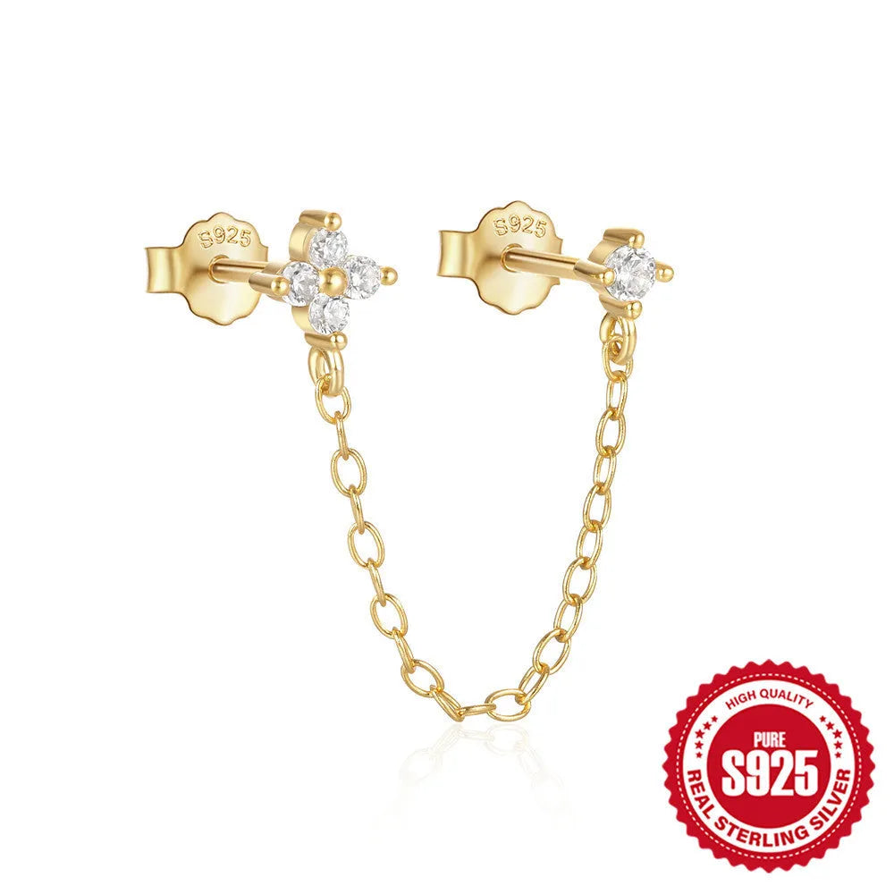 S925 sterling silver geometric flower tassel chain clip stud earrings with a gold electroplated finish.