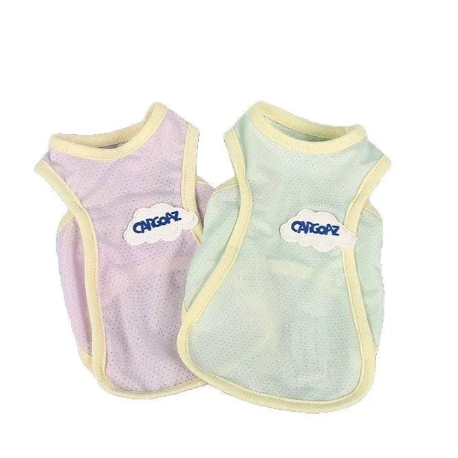 Cat wearing lightweight green mesh cooling vest with sports-style design