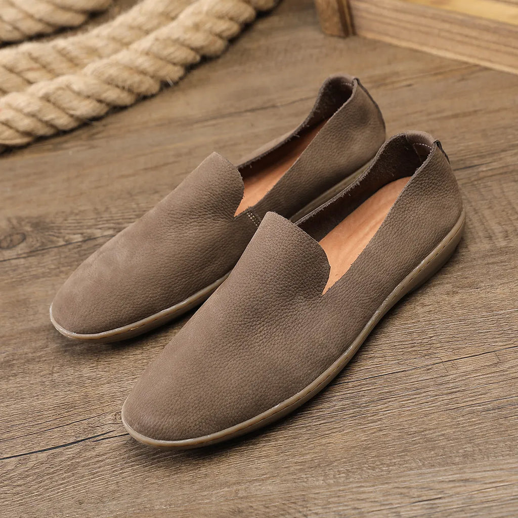 Men's handmade casual leather shoes in khaki or grey with flat wedge rubber sole