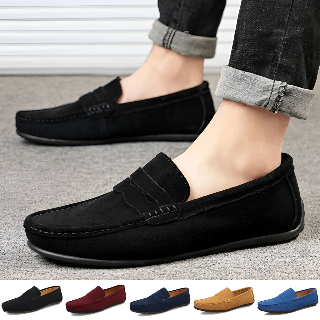 Men's suede loafers in multiple colours with slip-on design and round toe