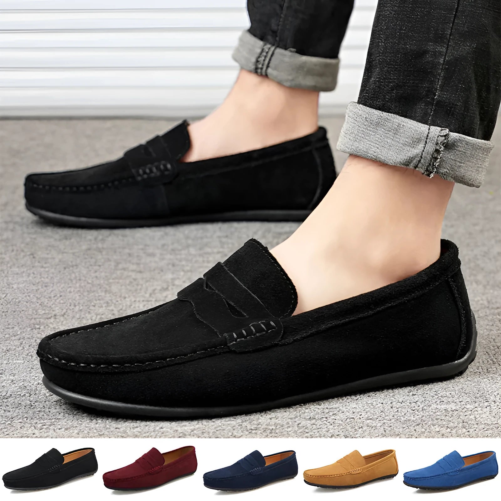 Men's suede loafers in multiple colours with slip-on design and round toe