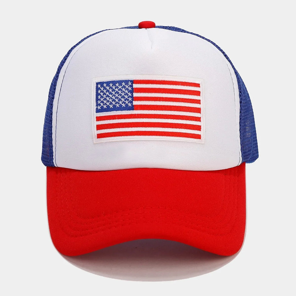 Red and blue contrast mesh baseball cap with adjustable closure and dome crown