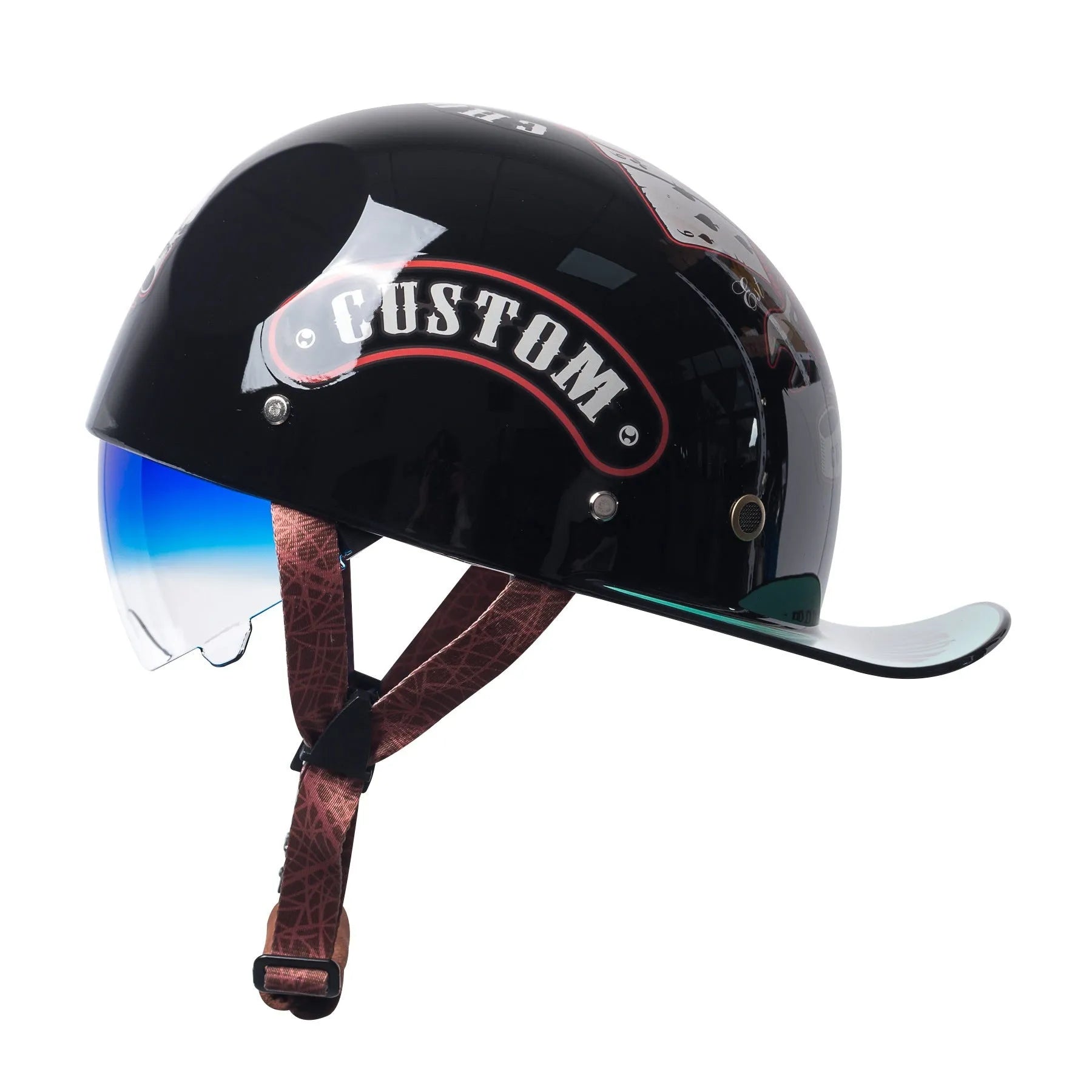 Black gradient blue retro half helmet for electric bicycles with tinted visor and ABS construction