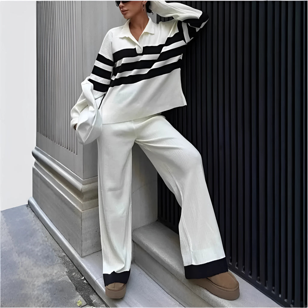 Women's black and white striped knitted polo shirt and trousers two-piece set