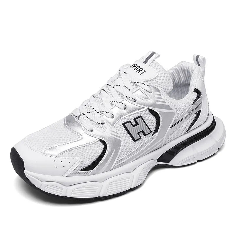 Men's mesh casual running shoes in black, white orange, and white grey with round toe and plastic soles