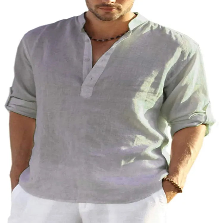 Men's solid colour long sleeve shirt with a stand collar, shown in a light blue colour option.