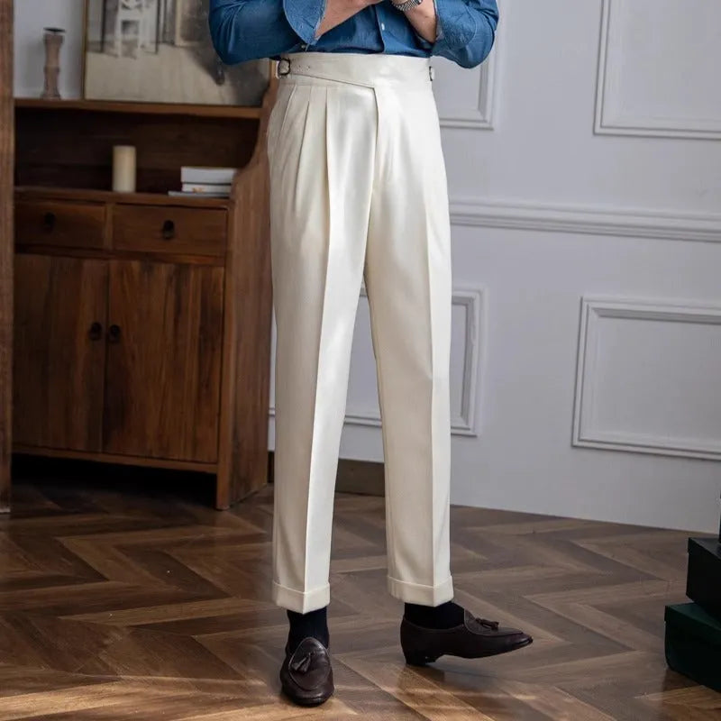 Men's high waist straight casual trousers in polyester fabric available in four colours