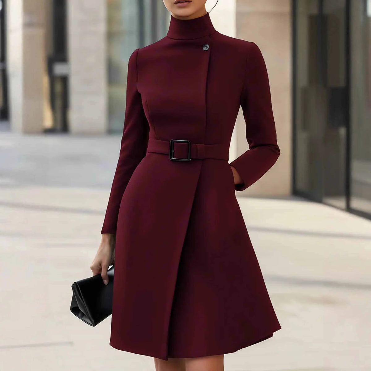 Women's long sleeve Bohemian style dress with stand collar and high waist in black colour