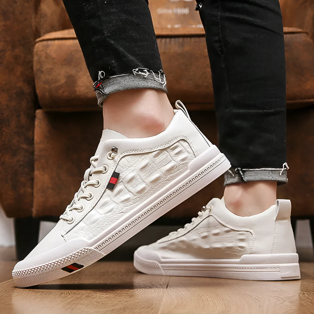 White men's casual sneakers with lace-up closure and round toe design