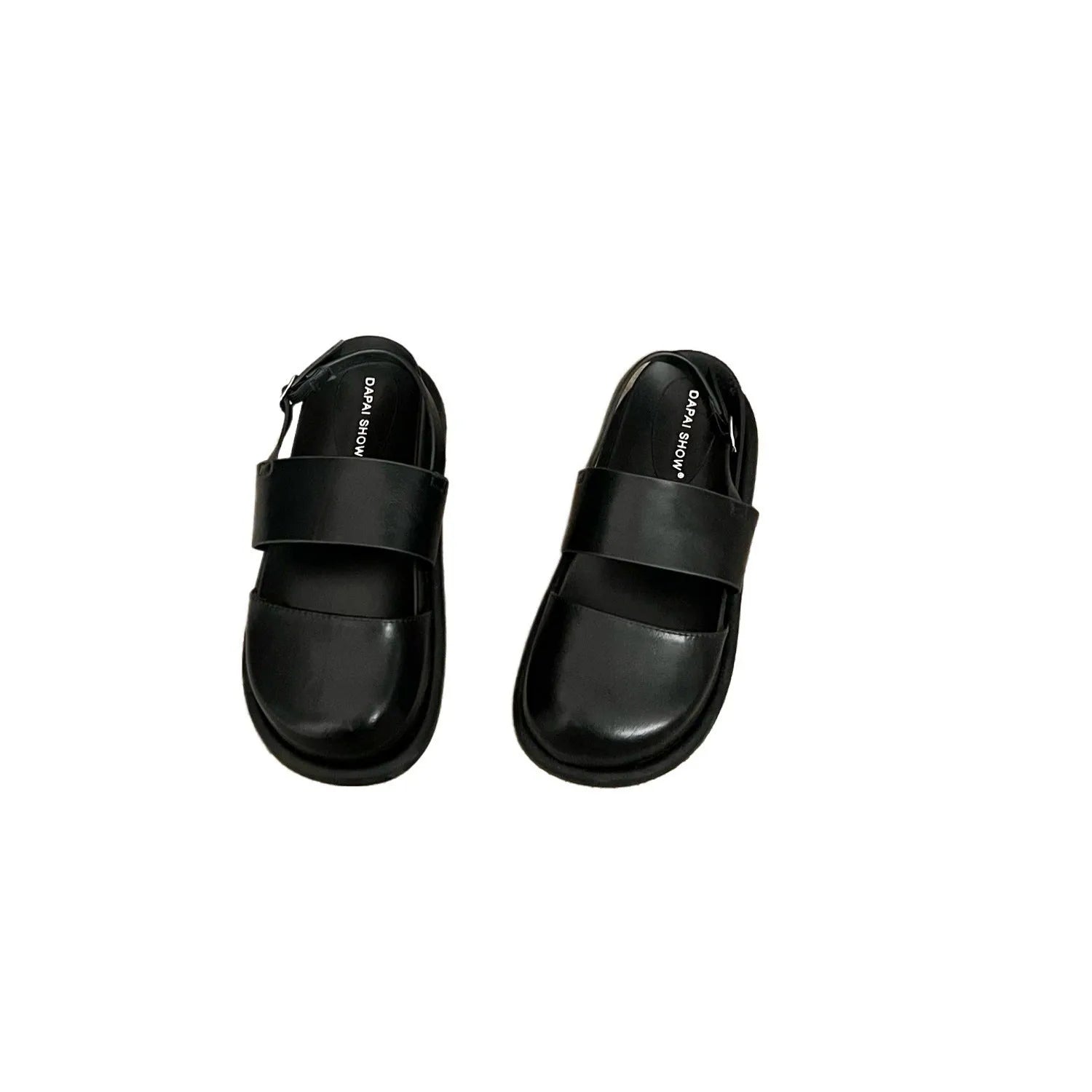 Retro apricot women's sandals with a raised sole, closed toe, and an adjustable ankle strap buckle.