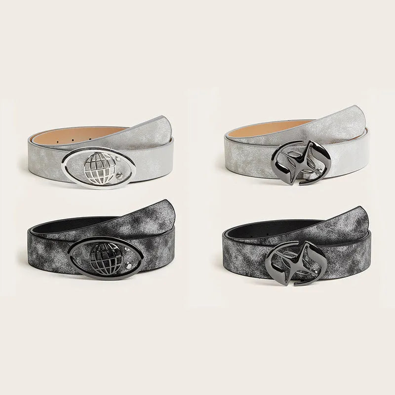Retro style women's wide belt with oval alloy buckle in grey white and silver white colours.