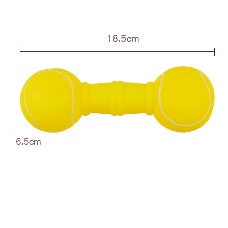 Four coloured brown, orange, white, yellow dumbbell shaped squeaky football dog toys.