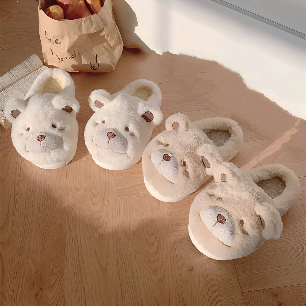 Women's cartoon pattern baotou plush slippers in khaki colour with round toe and suede upper