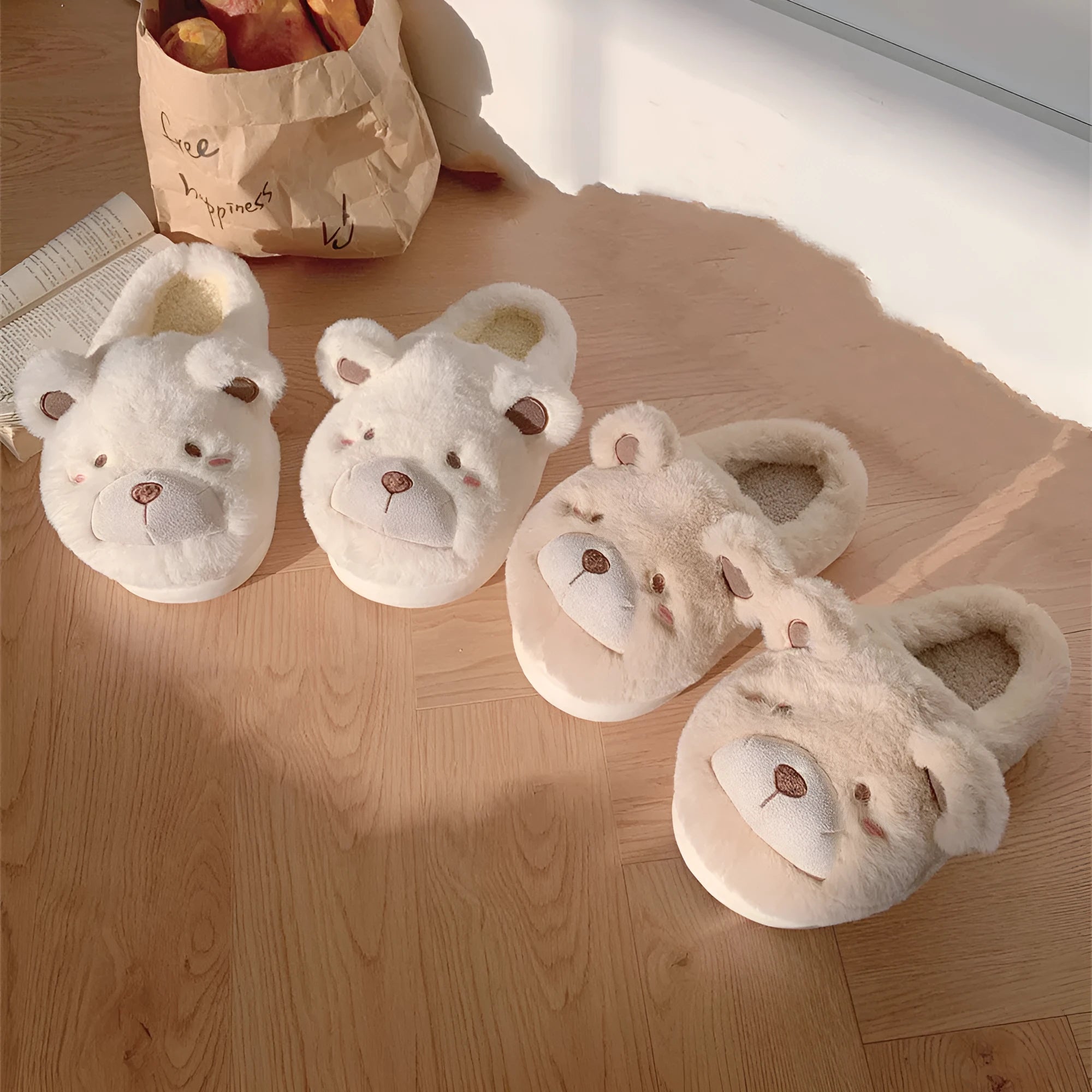 Women's cartoon pattern baotou plush slippers in khaki colour with round toe and suede upper
