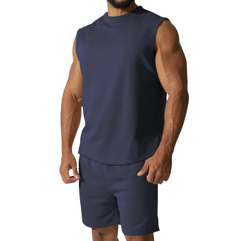 Men's sleeveless cotton-blend top and matching shorts casual sports set in army green