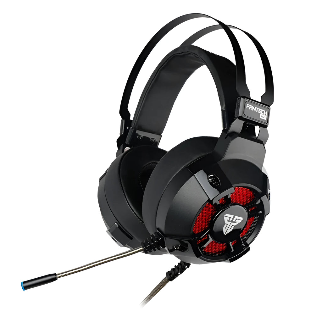 Black FANTECH HG11 gaming headset with RGB lights on ear cups and a retractable microphone.