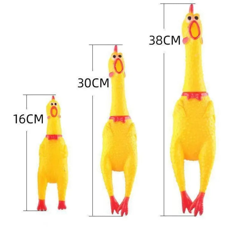 Yellow rubber screaming chicken dog squeaky toy shown in three different sizes