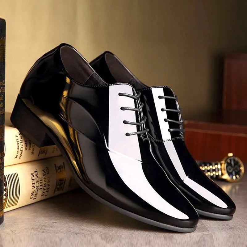 Men's black formal business shoes with pointed toe design in artificial PU material