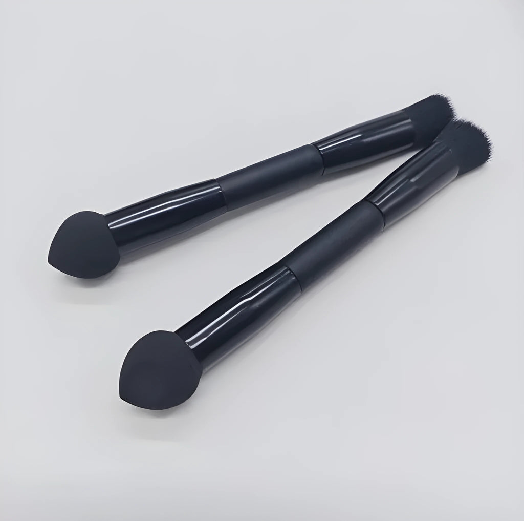 Double-headed makeup brush with miter sponge tip and artificial fibre bristles on wooden handle
