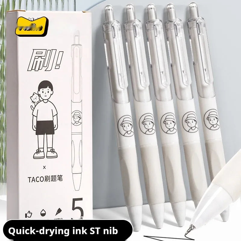 Five black ballpoint pens with 0.5mm tips arranged together