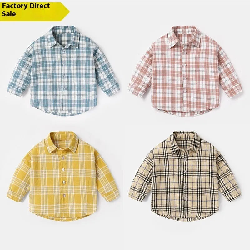 Boys' cotton button-up shirt with lattice pattern and animal print in light blue