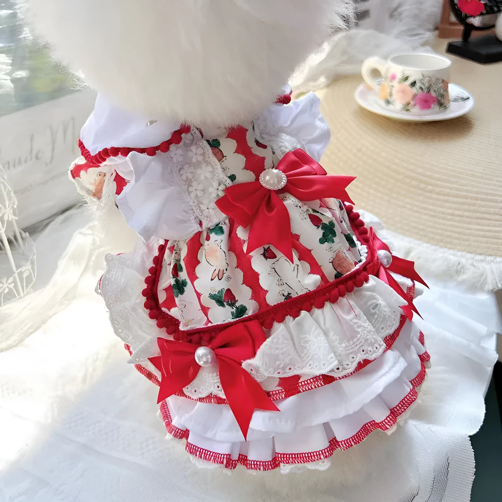 Princess-style rabbit skirt dog dress on a small dog, showing lightweight polyester construction.