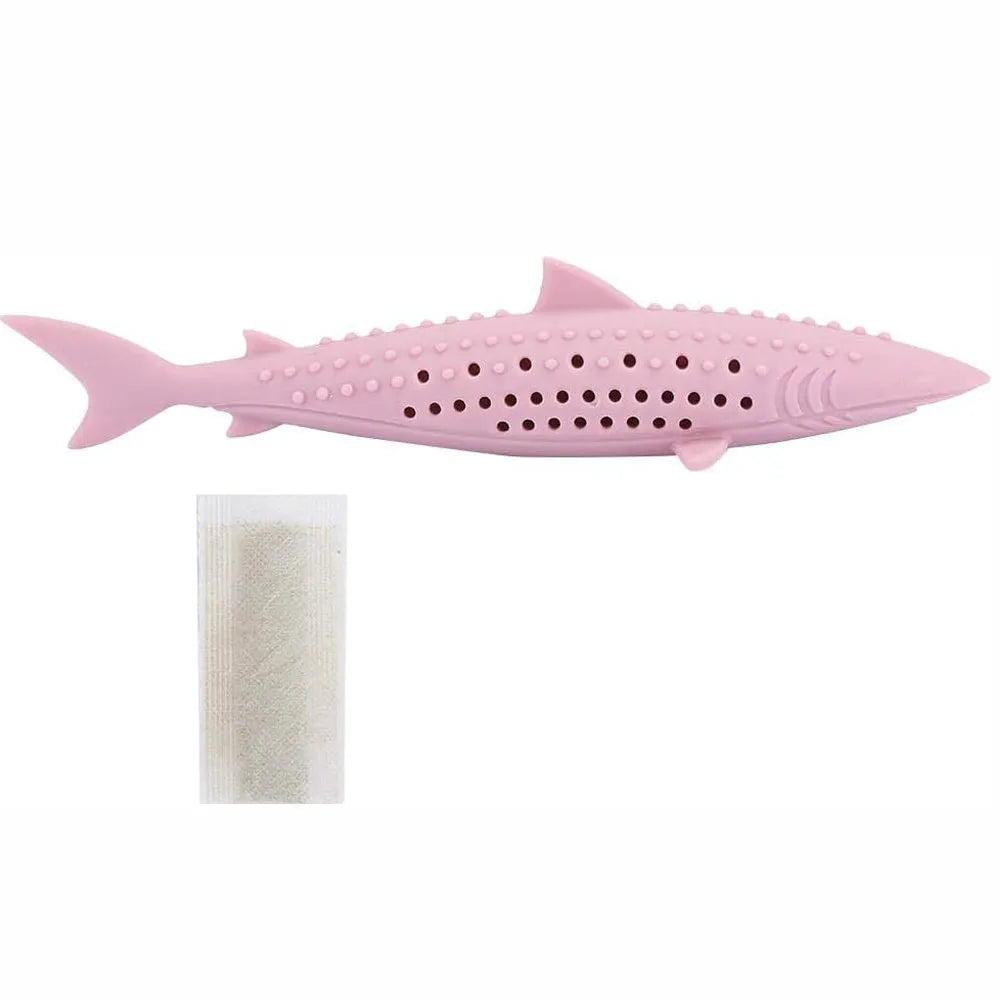 Green silicone fish-shaped chew toy for cats with breathable side holes on a white background.