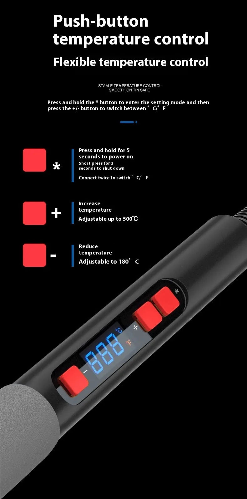 Grey 90W electric soldering iron with ceramic heating core, UK/US plug, sponge, holder, and five tips.