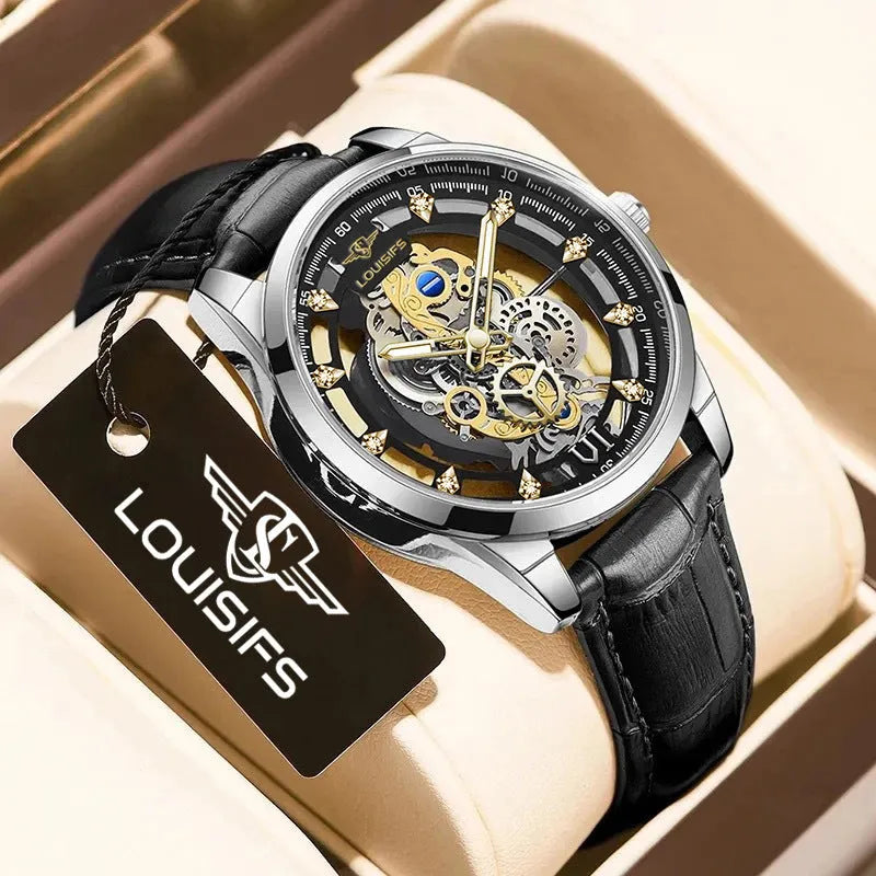 Men's Swiss hollow business quartz watch with leather strap, 12mm thickness
