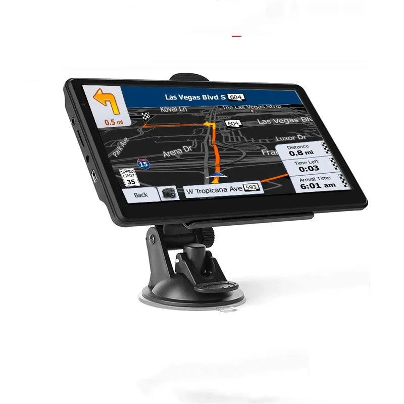 A 7-inch portable car GPS navigation device showing a map on its HD screen, with a car charger and mounting bracket.