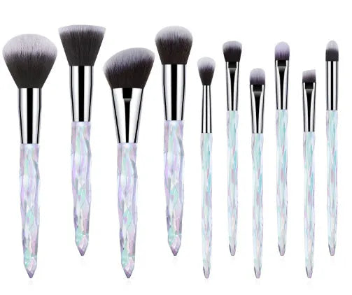 10 crystal handle foundation brushes showing black, blue, red, and yellow colours with 17.5cm length