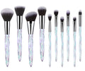 10 crystal handle foundation brushes showing black, blue, red, and yellow colours with 17.5cm length