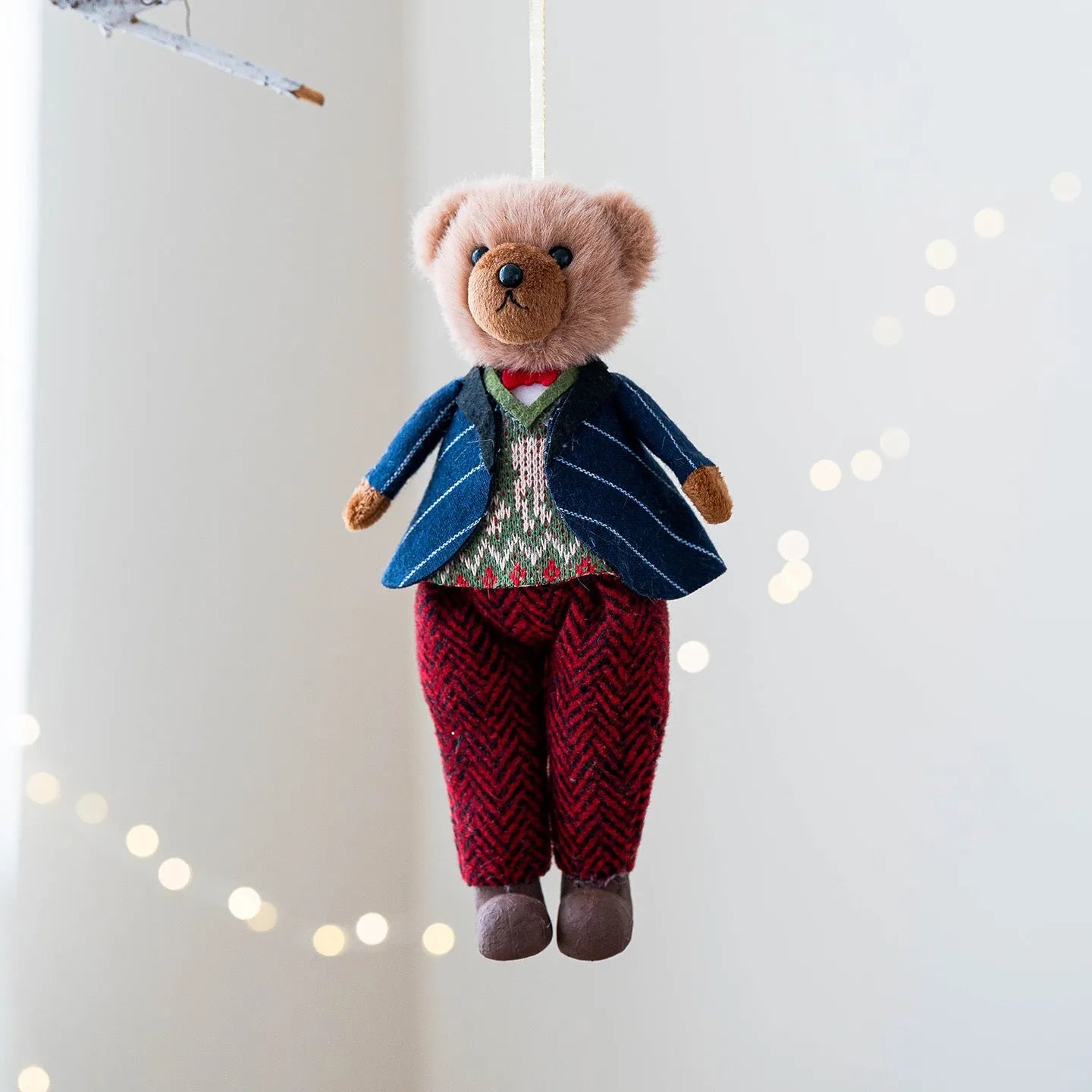 Pair of cartoon-style plush bear dolls in cotton suit plaid, featuring a gentleman bear and a princess bear.