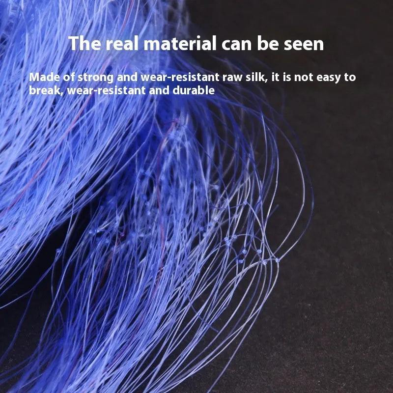 Hand throw fishing net with nylon mesh and metal spring hook, shown in various mesh sizes from 1.5cm to 6.5cm