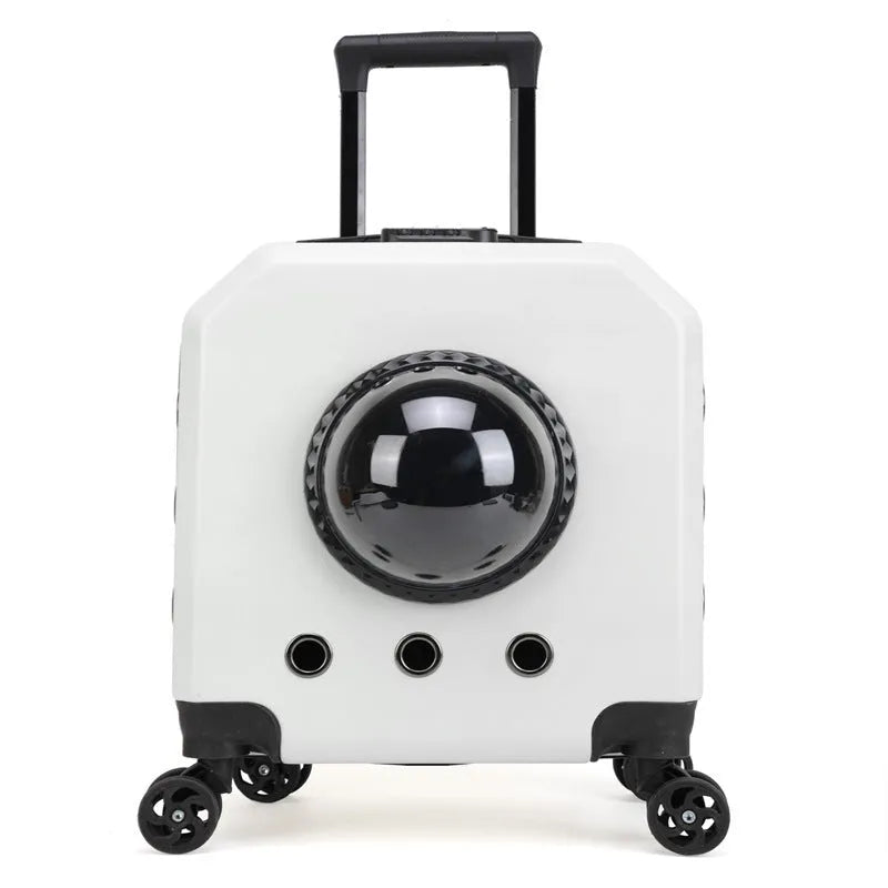 Hard PVC pet trolley case in orange colour with wheels and luggage compartment