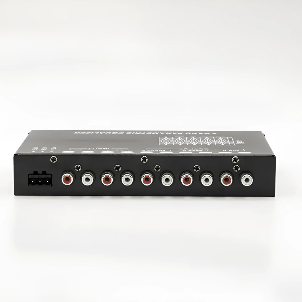 Black car audio EQ tuning amplifier with control knobs for subwoofer and seven-band equaliser.