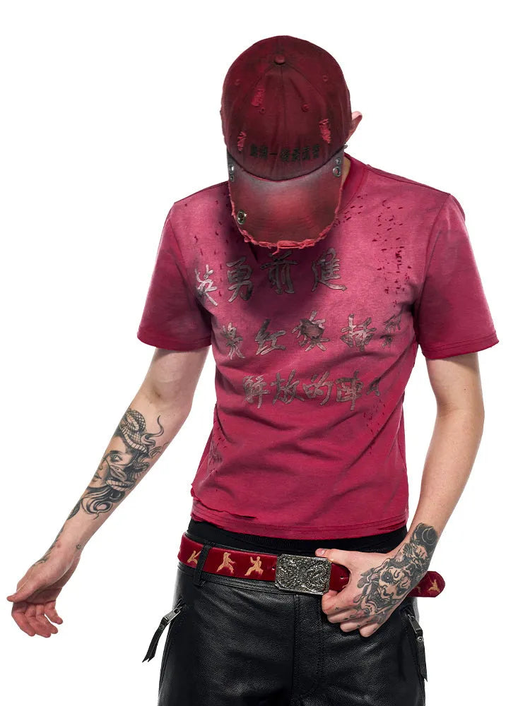 Men's red slim-fit t-shirt with distressed wash and short sleeves, laid flat.