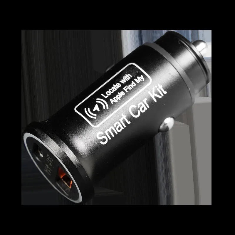 Black car charger GPS locator tracking device for vehicle security on a grey background.