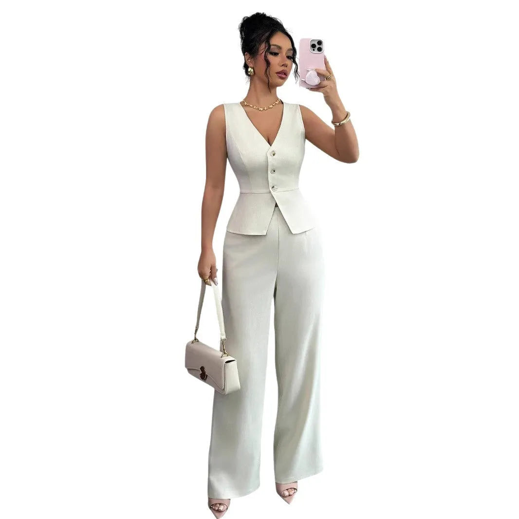 Women's solid colour sleeveless vest and high waist trousers two-piece casual set.