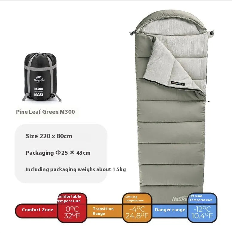 Double-person washable sleeping bag with down cotton filling, envelope shape, rock gray and pine needle green, sizes M180 M300 M400