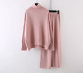 Women's beige acrylic sweater and wide-leg trousers two-piece set on a hanger