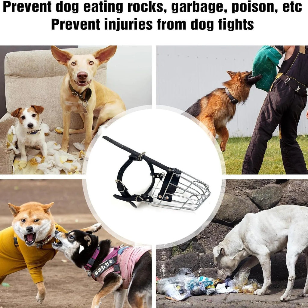 Black metal dog muzzle designed for a golden retriever or German shepherd.