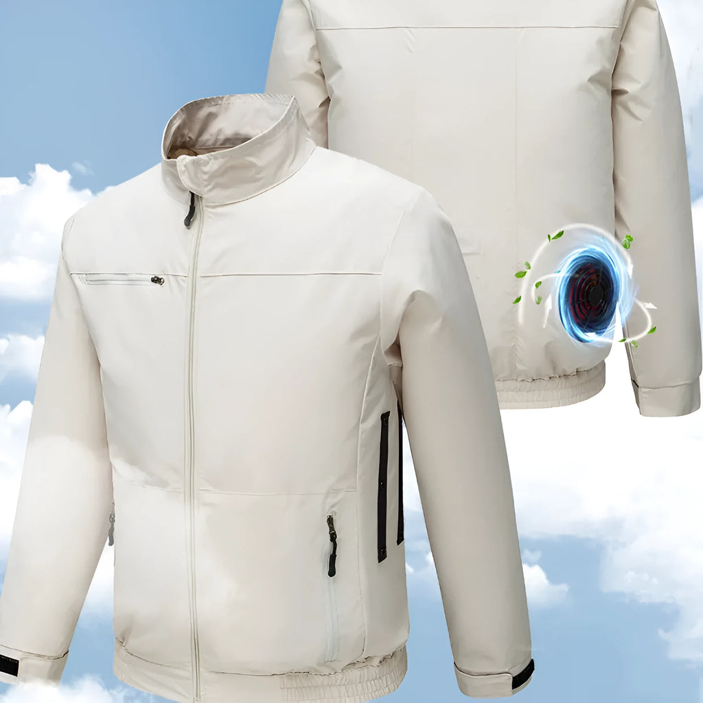 Men's black cooling work jacket with integrated fan system and ventilation holes for outdoor summer use