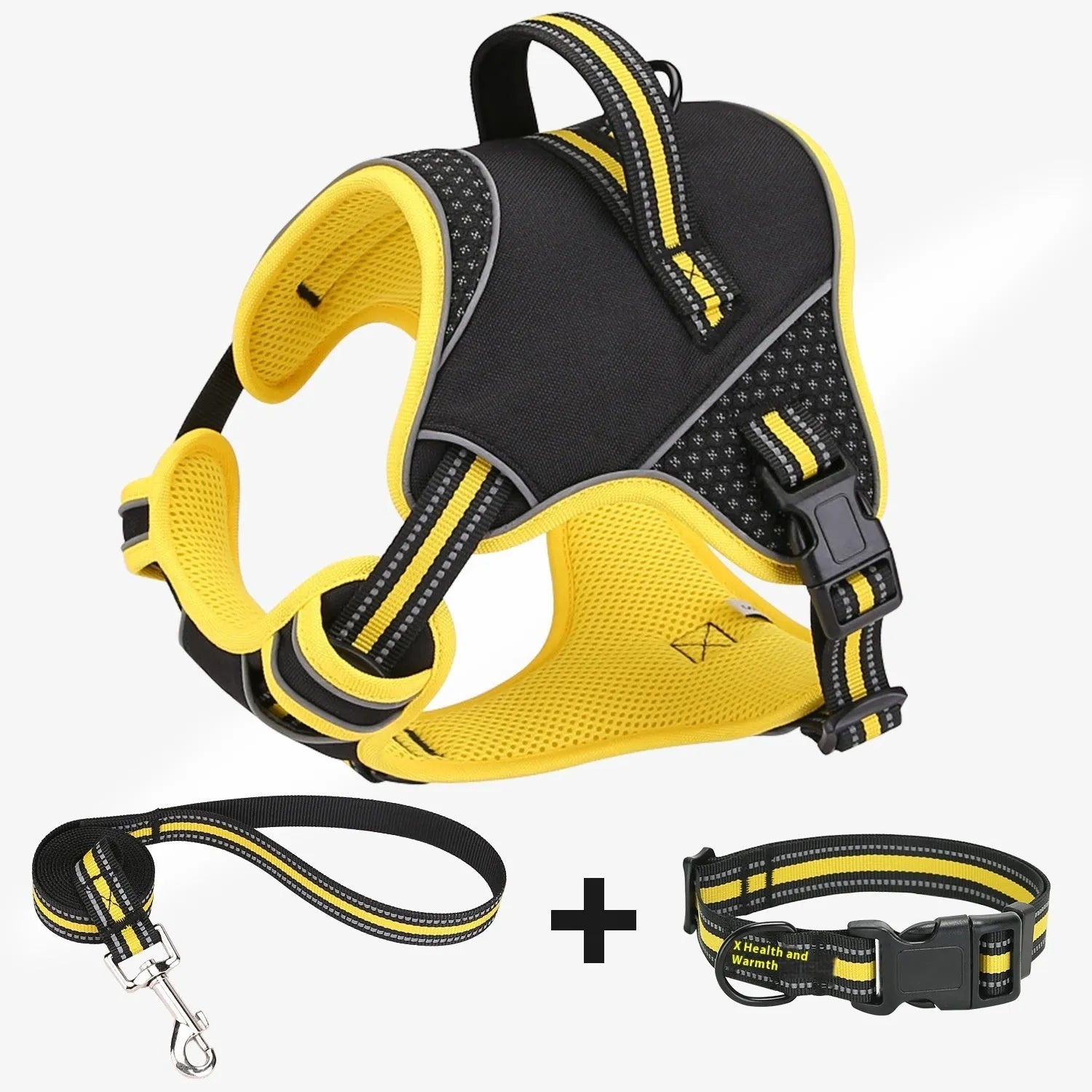 Yellow polyester dog harness and lead set shown on model dog for size reference.