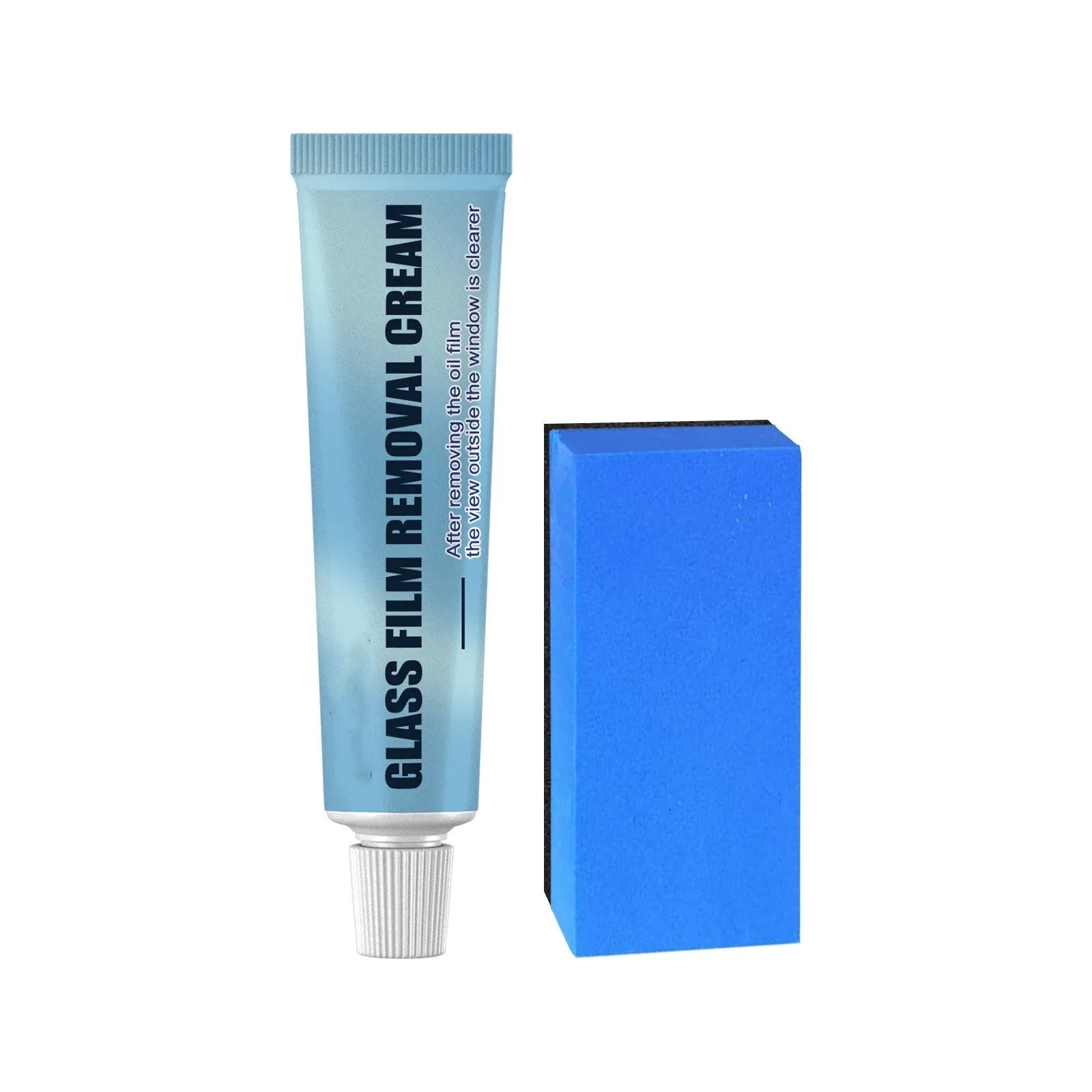 Blue car glass oil film remover bar and sponge for cleaning windshields and windows.