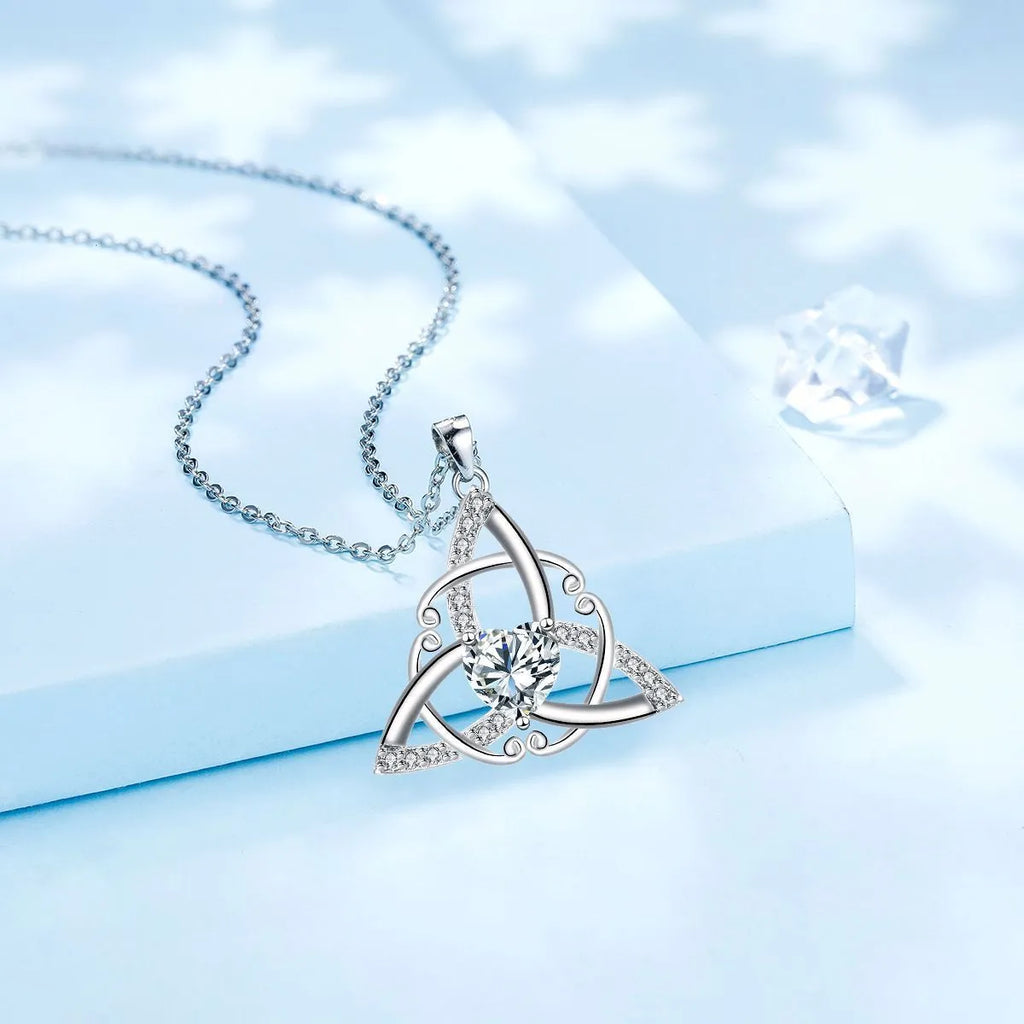 Geometric Celtic knot copper necklace for women showing electroplated finish in available colour options