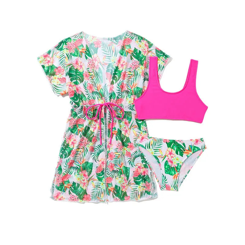 Girls' floral two-piece swimsuit set with matching overclothes in Korean style