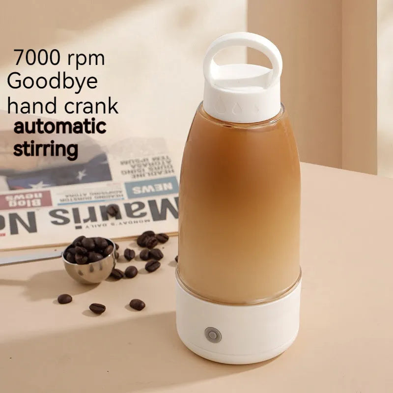 Automatic electric shaker bottle with USB port, handle, and blending motor in green, pink or white.