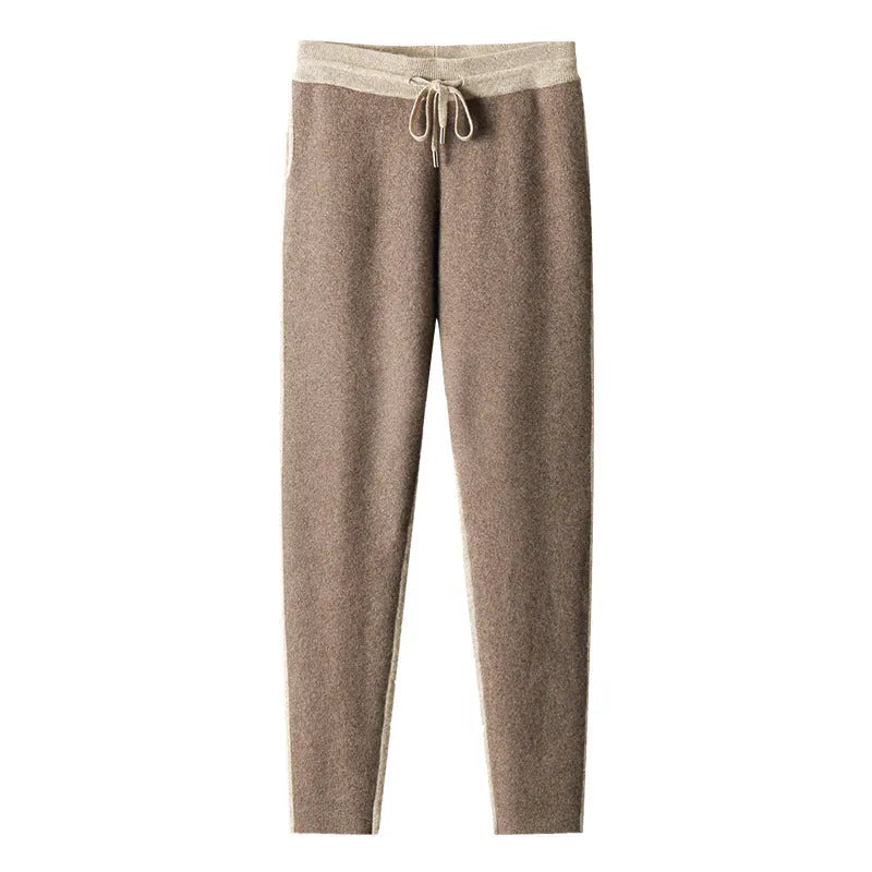 Men's camel coloured cashmere blend knitted cardigan suit with half turtleneck zipper and matching trousers